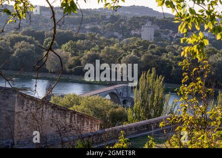 Vue depuis le jardin des Doms du Pont médiéval et du Rhône à Avignon, France. Banque D'Images