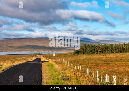 LOCH SHIN SUTHERLAND ECOSSE FIN ÉTÉ ROUTE À VOIE UNIQUE SUR 17 MILES AVEC DES ENDROITS QUI PASSENT Banque D'Images