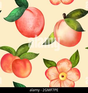Illustration Digital aquarelle motif sans couture de pêche et de fleurs Banque D'Images