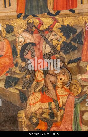 Guerriers et diable, retable de Santa Quiteria, Joan Loert, vers 1300, tempera sur panneau, Hospital de Sant Antoni, Palma, mortier de chaux et charge inerte, Plaza de la Lonja, Palma, Majorque, Iles Baléares, Espagne. Banque D'Images