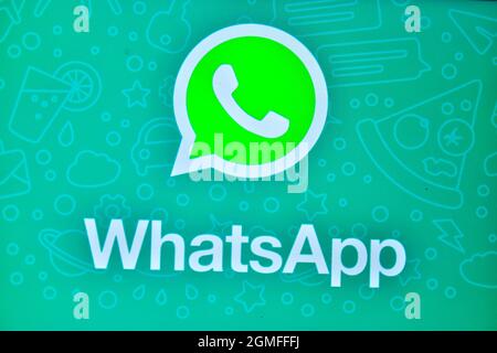 New Delhi, Inde - 08 septembre 2019 : logo WhatsApp sur smartphone Banque D'Images