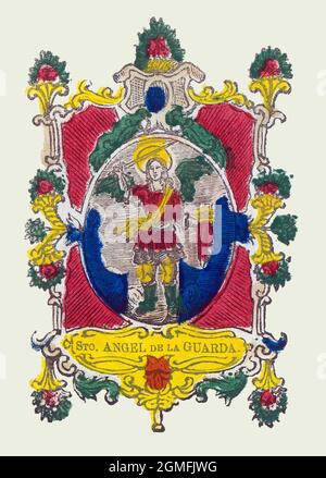 Santo Angel de la Guarda o ángel custodio, según las creencias católicas es el ángel al que Dios da la misión de proteger, guardar y guiar a cada persona durante su vida en la tierra para faciliterarle el ascenso al Cielo. Estampería populaire del siglo XVIII, pintado a mano. Banque D'Images