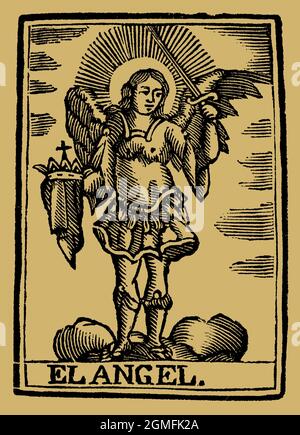 El ángel de la guarda o ángel custodio, según las creencias católicas, es el ángel al que Dios da la misión de Proteger, guardar y guiar a cada persona. Grabado populaire del siglo XIX Banque D'Images