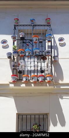 Pots colorés avec des plantes accrochées des balustrades de fenêtres, Malaga, Espagne Banque D'Images