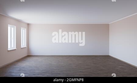 Intérieur vide avec parquet, deux fenêtres en plastique, murs beige et Plinth en bois, rendu 3d Banque D'Images