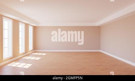 Magnifique intérieur vide ensoleillé avec parquet, trois grandes fenêtres en plastique, murs beige et Plinth blanc, rendu 3d Banque D'Images