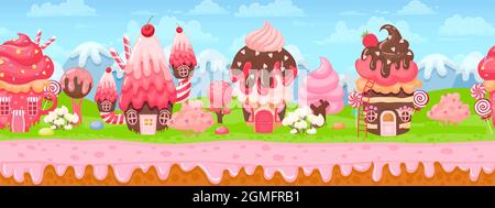 Douce terre de bonbons panorama sans couture pour le fond de jeu. Monde magique de dessin animé avec des maisons à gâteaux, de la crème rose et des arbres de caramel paysage vectoriel Illustration de Vecteur