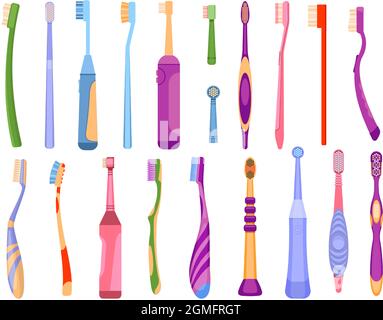 Brosse à dents électrique et manuelle pour l'hygiène dentaire de dessin animé. Produits pour les soins buccaux et la santé des dents. Ensemble de brosses à dents pour le nettoyage de la bouche Vector Illustration de Vecteur