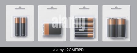 Boîtier de piles alcalines au design réaliste. Batteries électriques métalliques noir et or en paquets transparents ensemble de modèles vectoriels Illustration de Vecteur