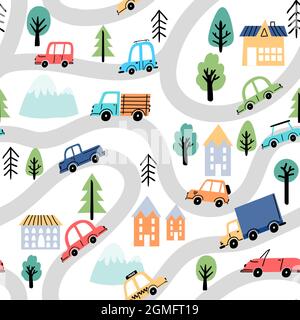 Routes et voitures de dessin animé, plan de la ville enfant sans couture modèle. Papier peint avec rue, arbres, maisons et camions. Motif de voyage pour une texture vectorielle Illustration de Vecteur