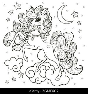 Belle licorne dans le ciel.Dessin linéaire noir et blanc pour colorier.Vecteur Illustration de Vecteur