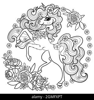 Une belle licorne avec une longue manie avec des roses.Dessin linéaire noir et blanc pour colorier.Vecteur Illustration de Vecteur