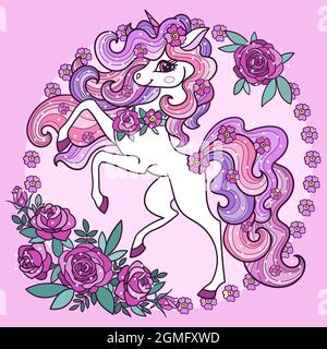 licorne de cerf avec de longues lamanes et roses.Vecteur Illustration de Vecteur
