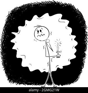 Homme effrayé dans une bougie de maintien sombre, bâton de dessin animé Figure Illustration Illustration de Vecteur