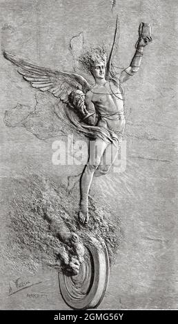 Bas-relief par Antonio María Fabres y Costa (1854-1936) peintre, sculpteur et professeur espagnol. Ancienne illustration gravée du XIXe siècle de la Ilustración Artística 1882 Banque D'Images