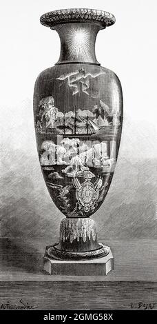 Vase commémorant le voyage du Dr Nils Adolf Erik Nordenskiold (1832-1901) était un aristocrate, géologue, minéralogiste et explorateur de l'Arctique finno-suédois. Il a dirigé l'expédition Vega le long de la côte nord de l'Eurasie en 1878-1879. Ancienne illustration gravée du XIXe siècle de la Ilustración Artística 1882 Banque D'Images