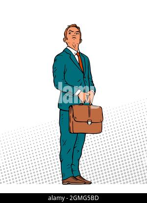 Jeune homme d'affaires confiant. Un homme dans un costume d'affaires et cravate. Tient un étui dans ses mains. Illustration vectorielle pop art rétro dessinée à la main Illustration de Vecteur