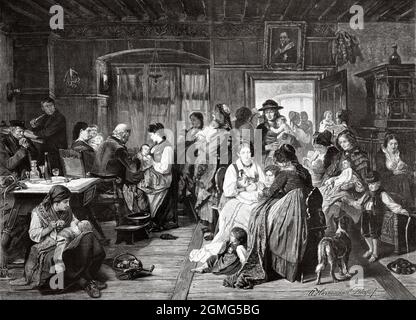 Vaccination au XIXe siècle, la peinture de Friedrich Adolph Hornemann (1813-1890) était un peintre et un lithographe allemand de l'École de peinture de Düsseldorf. Ancienne illustration gravée du XIXe siècle de la Ilustración Artística 1882 Banque D'Images