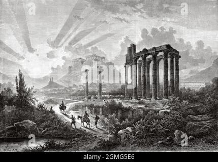 Ruines d'Athènes du Temple de Jupiter Olympique, peinture d'Albert Rieger (1834-1905) ancien XIXe siècle illustration gravée de la Ilustración Artística 1882 Banque D'Images