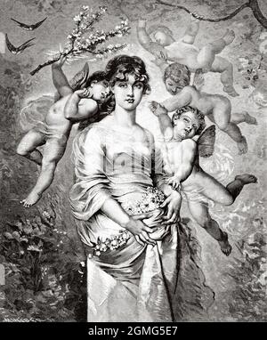 Portrait de femme enceinte entouré d'anges avec des ailes, peinture par Adam Braun (1748-1827) ancien XIXe siècle illustration gravée de la Ilustración Artística 1882 Banque D'Images