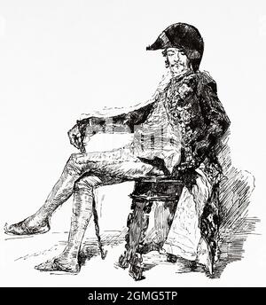 Portrait de M d'Espine en costume du XVIIIe siècle par Mariano Fortuny y Marsal (1838-1874) peintre espagnol, il est considéré comme l'un des grands peintres espagnols du XIXe siècle. Ancienne illustration gravée du XIXe siècle de la Ilustración Artística 1882 Banque D'Images