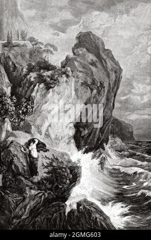 Sappho sur les rochers de Lefkada. Le suicide de Sappho, peinture d'Edmund Friedrich Kanoldt (1845-1904) est un peintre allemand. Ancienne illustration gravée du XIXe siècle de la Ilustración Artística 1882 Banque D'Images