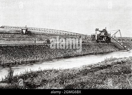 Transporteur de déchets employé pour la construction du Havre au canal de Tancarville et destiné aux travaux du canal de Panama, France. Europe. Ancienne illustration gravée du XIXe siècle de la nature 1883 Banque D'Images