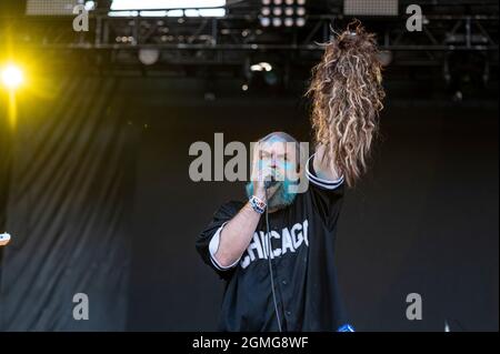 Chicago, États-Unis. 18 septembre 2021. Tim Harrington, des Savy Fav, se produit au parc Douglas pendant le festival de musique Riot Fest le samedi 18 septembre 2021 à Chicago, il. (Photo de Christopher Dilts/Sipa USA) crédit: SIPA USA/Alay Live News Banque D'Images