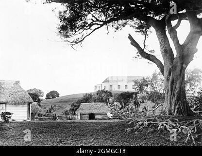 1885 photo de maisons sur l'île principale, Utu Vavaʻu, à Vava'u, un groupe de plus de 50 îles à Tonga, à environ 150 miles au nord de Tongatapu. Banque D'Images