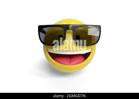 Emoji frais avec lunettes de soleil isolées sur fond blanc. illustration 3d. Banque D'Images