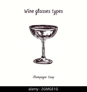 Collection types de verres à vin, champagne Coup. Dessin d'une boisée noire et blanche à l'encre. Banque D'Images