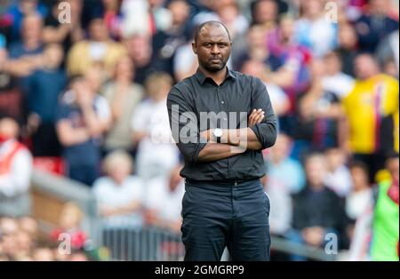 Liverpool. 19 septembre 2021. Patrick Vieira, directeur du Crystal Palace, est vu lors du match de la Premier League entre Liverpool et Crystal Palace à Anfield à Liverpool, en Grande-Bretagne, le 18 septembre 2021. Credit: Xinhua/Alay Live News Banque D'Images