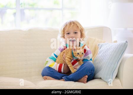 Enfant jouant avec le chat. Enfant tenant un chaton. Un petit garçon se blottant un animal de compagnie mignon assis sur un canapé dans le salon ensoleillé à la maison. Les enfants jouent avec les animaux de compagnie. Banque D'Images