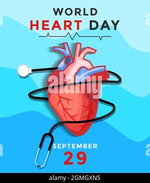 vecteur de concept de la journée mondiale du coeur avec stéthoscope de torsion d'organe de coeur Illustration de Vecteur