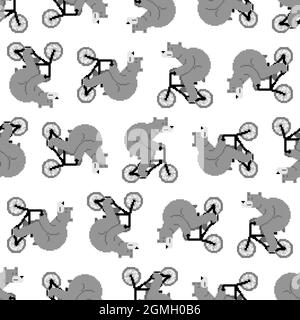 Ours sur vélo pixel art motif sans couture. Pixelated Beast est à cheval sur fond de vélo. Texture enfant 8 bits de dessin animé. Texture du tissu pour bébé Illustration de Vecteur