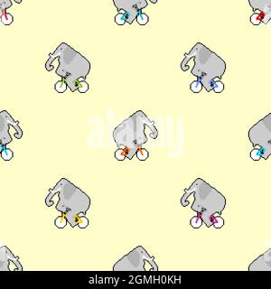 Éléphant sur vélo pixel art motif sans couture. Animal pixélisé est à cheval sur fond de vélo. Décoration pour enfants 8 bits en forme de dessin animé. Texture du tissu pour bébé Illustration de Vecteur