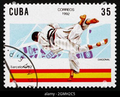 CUBA - VERS 1992 : un timbre imprimé à Cuba montre Judo, Jeux olympiques d'été de 1992, Barcelone, vers 1992 Banque D'Images