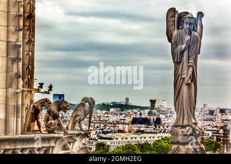 Gargouilles créatures fantastiques Statue toit église notre Dame avant le centre-ville de feu Paris France. Gargoyle est utilisé comme un bec verseur d'eau pour vidanger l'eau Banque D'Images