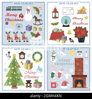 Un ensemble d'illustrations plates pour le nouvel an et Noël. Ensemble vectoriel d'images isolées avec cheminée, chaussettes de Noël, bonhomme de neige, cadeaux, flocons de neige Illustration de Vecteur