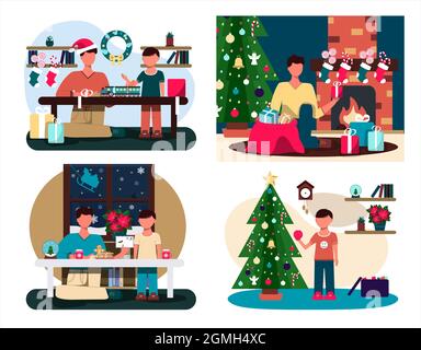 Père et fils écrivent une lettre au Père Noël. Illustration plate d'une carte de Noël. Intérieur confortable avec décorations de Noël. Table avec une tasse de Illustration de Vecteur