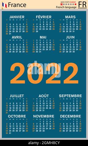 Calendrier de poche vertical français pour 2022 (deux mille vingt-deux). La semaine commence le dimanche. Nouvelle année. Couleur conception simple. Vecteur Illustration de Vecteur