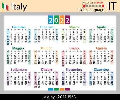 Calendrier de poche horizontal italien pour 2022 (deux mille vingt-deux). La semaine commence le dimanche. Nouvelle année. Couleur conception simple. Vecteur Illustration de Vecteur