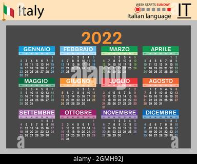 Calendrier de poche horizontal italien pour 2022 (deux mille vingt-deux). La semaine commence le dimanche. Nouvelle année. Couleur conception simple. Vecteur Illustration de Vecteur