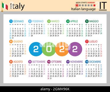 Calendrier de poche horizontal italien pour 2022 (deux mille vingt-deux). La semaine commence le dimanche. Nouvelle année. Couleur conception simple. Vecteur Illustration de Vecteur