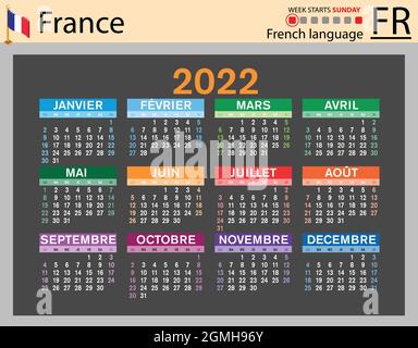 Calendrier de poche horizontal français pour 2022 (deux mille vingt-deux). La semaine commence le dimanche. Nouvelle année. Couleur conception simple. Vecteur Illustration de Vecteur