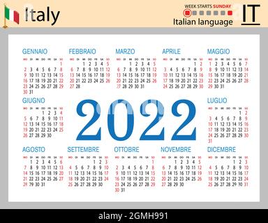 Calendrier de poche horizontal italien pour 2022 (deux mille vingt-deux). La semaine commence le dimanche. Nouvelle année. Couleur conception simple. Vecteur Illustration de Vecteur