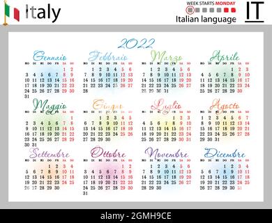 Calendrier de poche horizontal italien pour 2022 (deux mille vingt-deux). La semaine commence le lundi. Nouvelle année. Couleur conception simple. Vecteur Illustration de Vecteur
