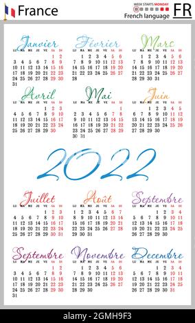 Calendrier de poche vertical français pour 2022 (deux mille vingt-deux). La semaine commence le lundi. Nouvelle année. Couleur conception simple. Vecteur Illustration de Vecteur