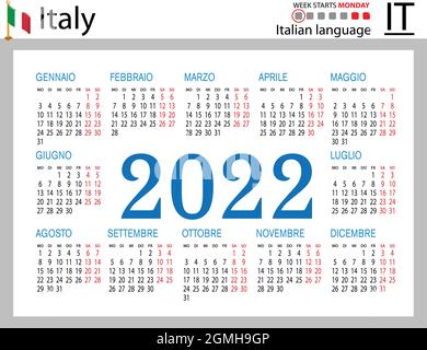 Calendrier de poche horizontal italien pour 2022 (deux mille vingt-deux). La semaine commence le lundi. Nouvelle année. Couleur conception simple. Vecteur Illustration de Vecteur