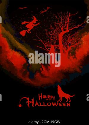 Paysage horrible. Arbre et chauves-souris. Joyeux halloween. Une sorcière volant sur un bâton de couve et un loup hurlant. Illustration vectorielle Illustration de Vecteur